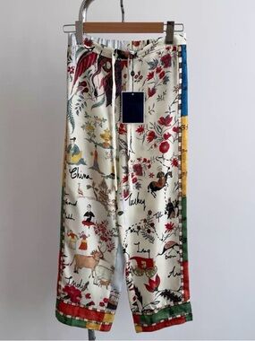 Oscar de la Renta Cream Botanical Print Satin Pants with Red & Green Accents